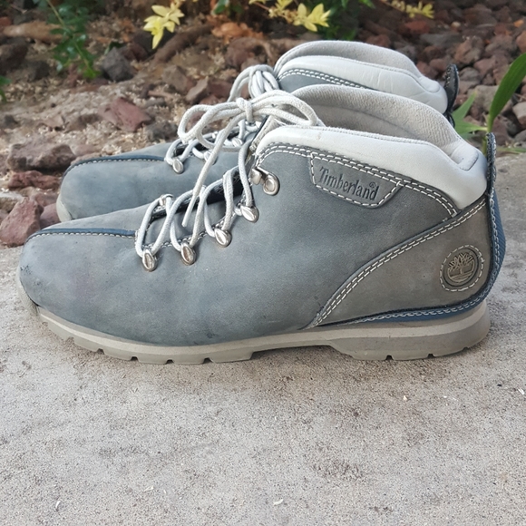 8 OLD SCHOOL LEATHER TIMBERLAND BLUE & GRAY LEATHER LACE UP BOOTS - Picture 3 of 13